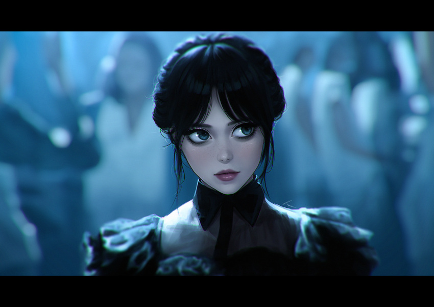 1girl, 6+others, black_dress, black_eyes, black_hair, blurry, blurry_background, closed_mouth