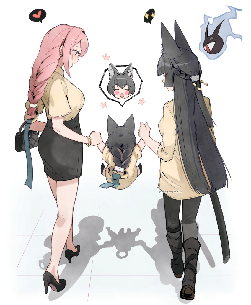 3girls, absurdres, alternate_costume, animal_ear_fluff, animal_ears, bag, black_bag, black_hair