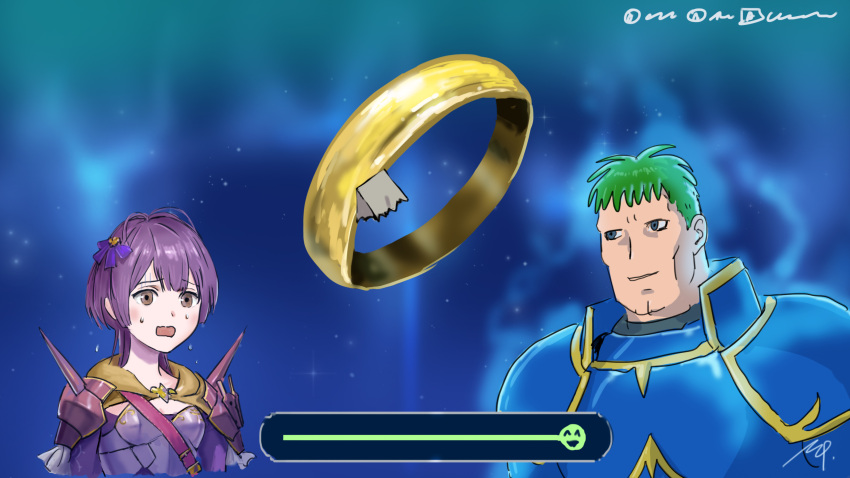 1boy, 1girl, absurdres, arden_(fire_emblem), armor, bernadetta_von_varley, bernadetta_von_varley_(timeskip), blue_armor