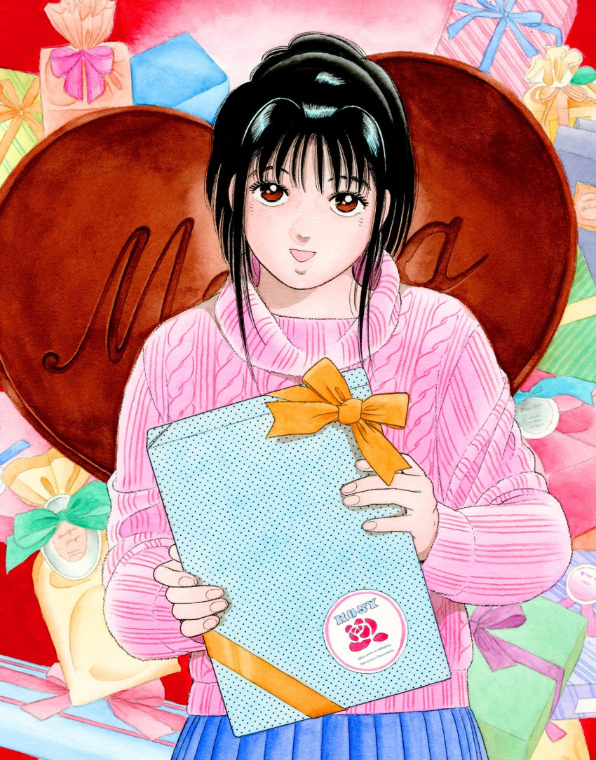 1girl, black_hair, blue_ribbon, blue_skirt, box, candy, character_name, chocolate