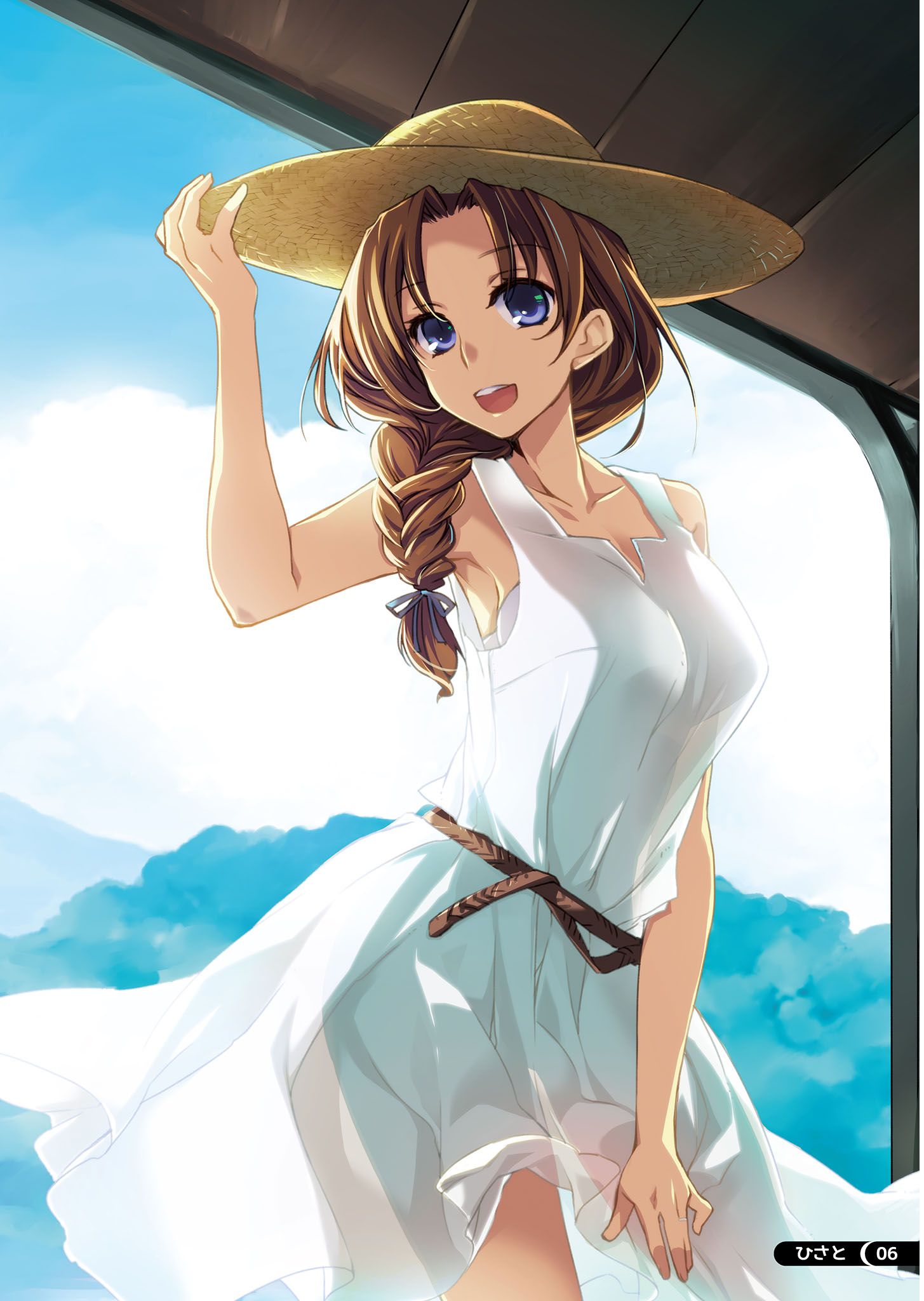 1girl, :d, blue_eyes, braid, breasts, brown_hair, dress, hasuma_kanae