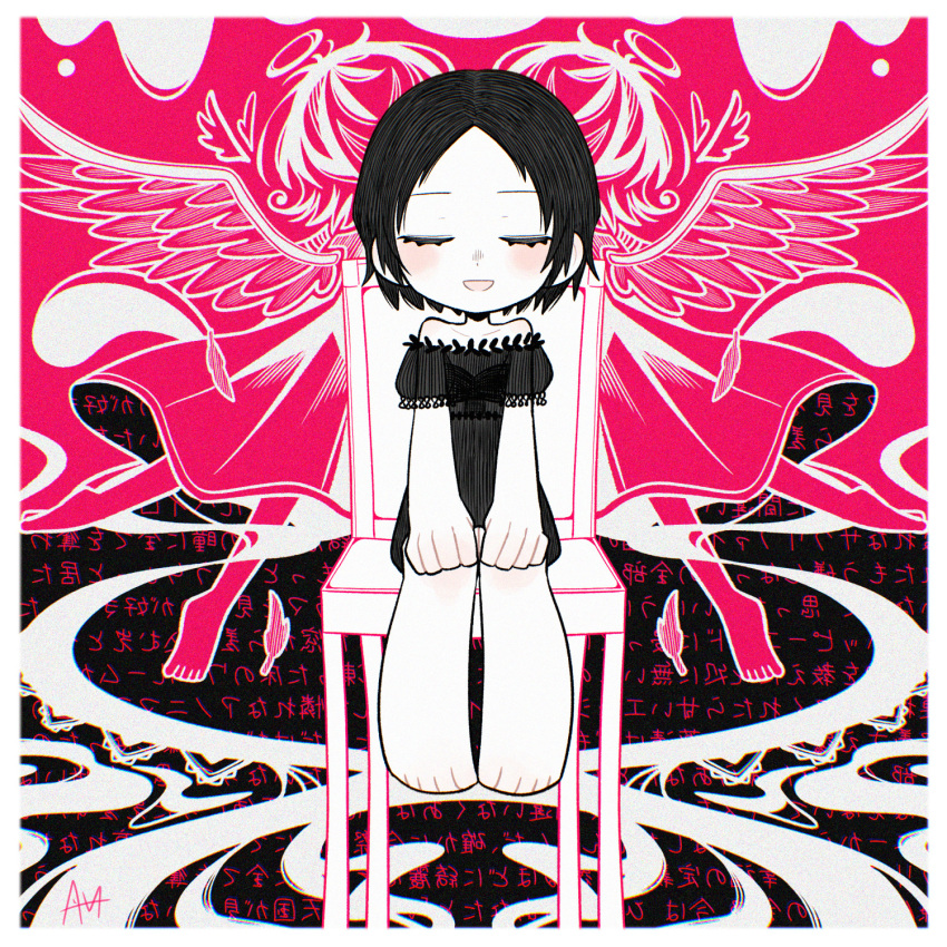 1girl, angel, angel_wings, barefoot, black_dress, black_hair, blush, chair