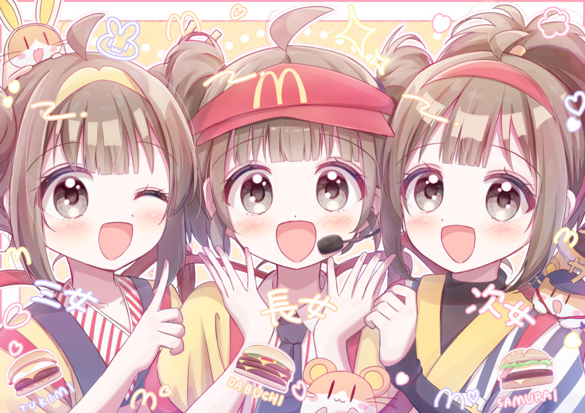 3girls, ;d, absurdres, ahoge, animal_on_head, black_eyes, black_sleeves, blue_necktie, brown_hair, burger, character_name, detached_sleeves, double_bun, dress_shirt, food, hair_bun, hairband, hamster, haruiroha, hat, headset, highres, imadake_dabuchi_tabemi, imadake_dabuchi_tabesuke, imadake_tsukimi_tabemi, index_finger_raised, japanese_clothes, logo, looking_at_viewer, mcdonald's, multiple_girls, necktie, on_head, one_eye_closed, open_mouth, ponytail, red_hairband, romaji_text, samurai_tamago_tabemi, shirt, short_hair, short_ponytail, short_sleeves, side-by-side, smile, striped_clothes, striped_shirt, tasuki, translated, twintails, vertical-striped_clothes, vertical-striped_shirt, visor_cap, white_shirt, wing_collar, yellow_hairband, yellow_happi, yellow_hat