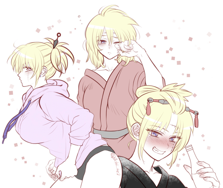 1girl, artist_name, black_buruma, black_kimono, blonde_hair, blue_eyes, bottle, breasts