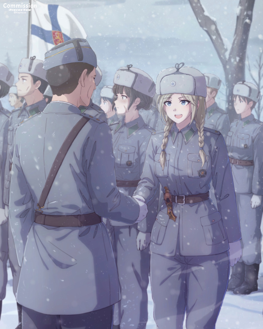 2girls, 6+boys, absurdres, belt, black_boots, black_hair, blonde_hair, blue_eyes, blue_jacket, blue_pants, blush, boots, braid, braided_twintails, brown_belt, brown_hair, collar_tabs, commission, english_commentary, finnish_army, finnish_flag, gloves, green_collar_tabs, handshake, highres, jacket, kepincox, long_hair, looking_at_another, looking_to_the_side, low_twintails, military, military_rank_insignia, military_uniform, multiple_boys, multiple_girls, open_mouth, original, outdoors, pants, pixiv_commission, sam_browne_belt, scar, scar_on_face, short_hair, snowing, twintails, ushanka, white_gloves, world_war_ii