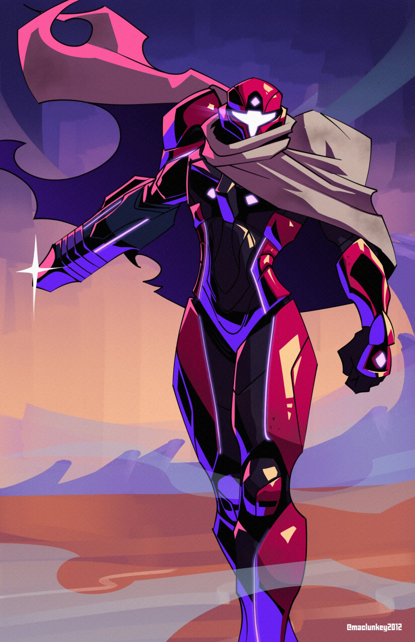 1girl, absurdres, arm_cannon, armor, artist_name, assault_visor, cloak, desert