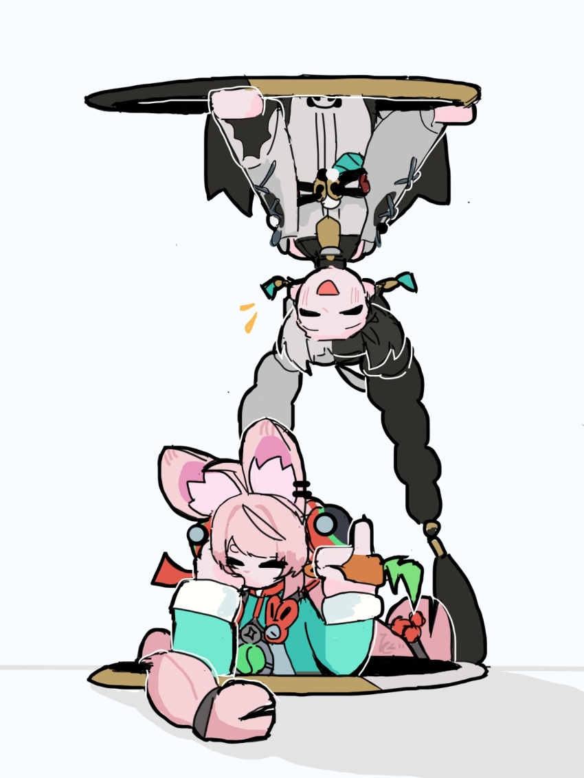 2girls, animal_ear_fluff, animal_ears, black_hair, blush, braid, braided_twintails, carrot