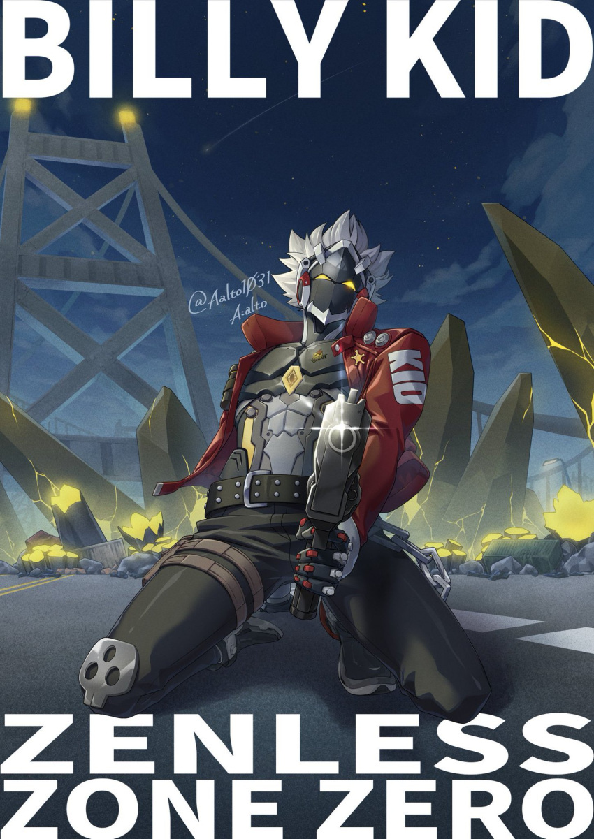 1boy, aalto1031, aiming, aiming_at_viewer, artist_name, belt, billy_kid, black_pants