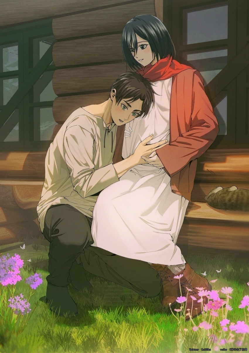 1boy, 1girl, absurdres, black_hair, black_pants, blue_eyes, blush, boots