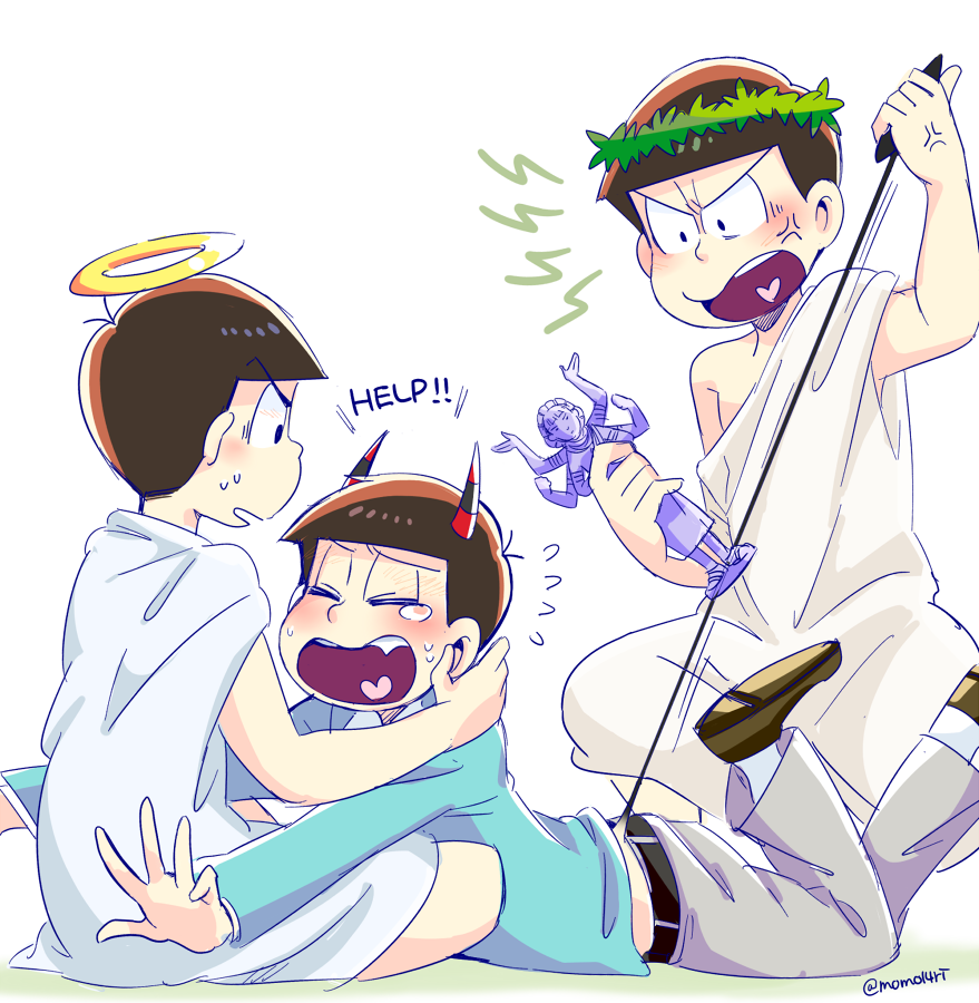 3boys, anger_vein, angry, blue_suit, crying, demon_boy, demon_horns, demon_tail