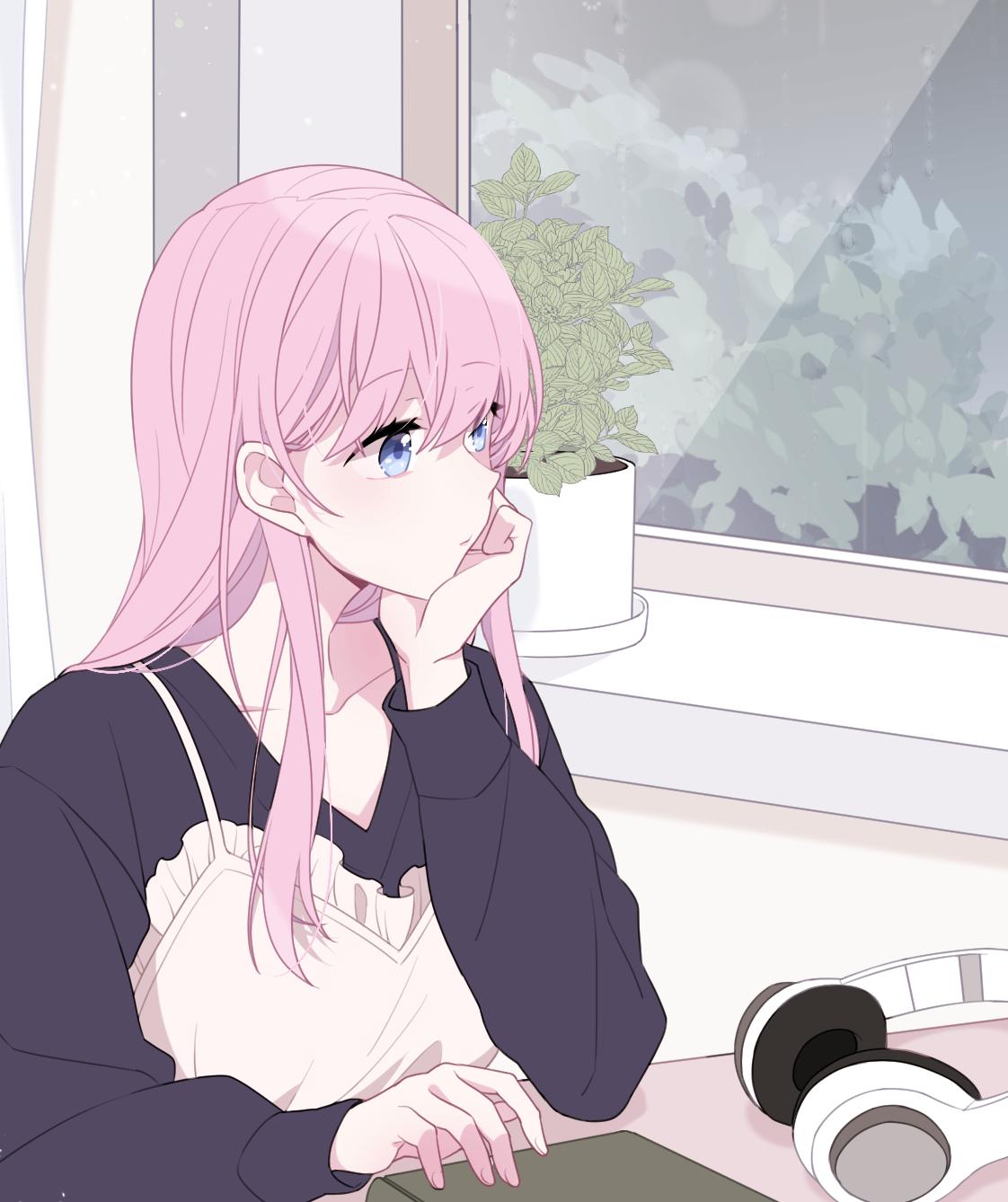 1girl, black_sweater, blue_eyes, closed_mouth, commentary_request, cropped_torso, dabi_(15dldl15), elbow_rest
