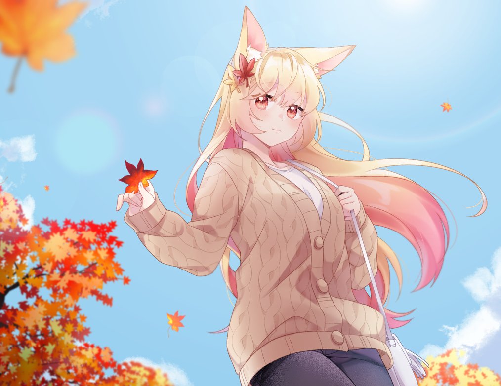 1girl, animal_ears, autumn, autumn_leaves, bag, black_pants, blonde_hair, blue_sky