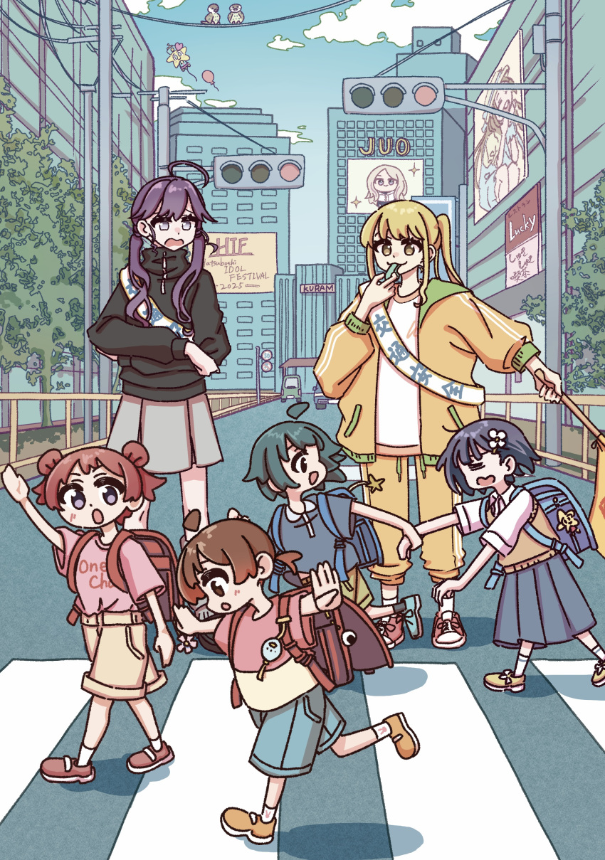 6+girls, absurdres, ad_(object), ahoge, arm_up, backpack, bag, blue_bag