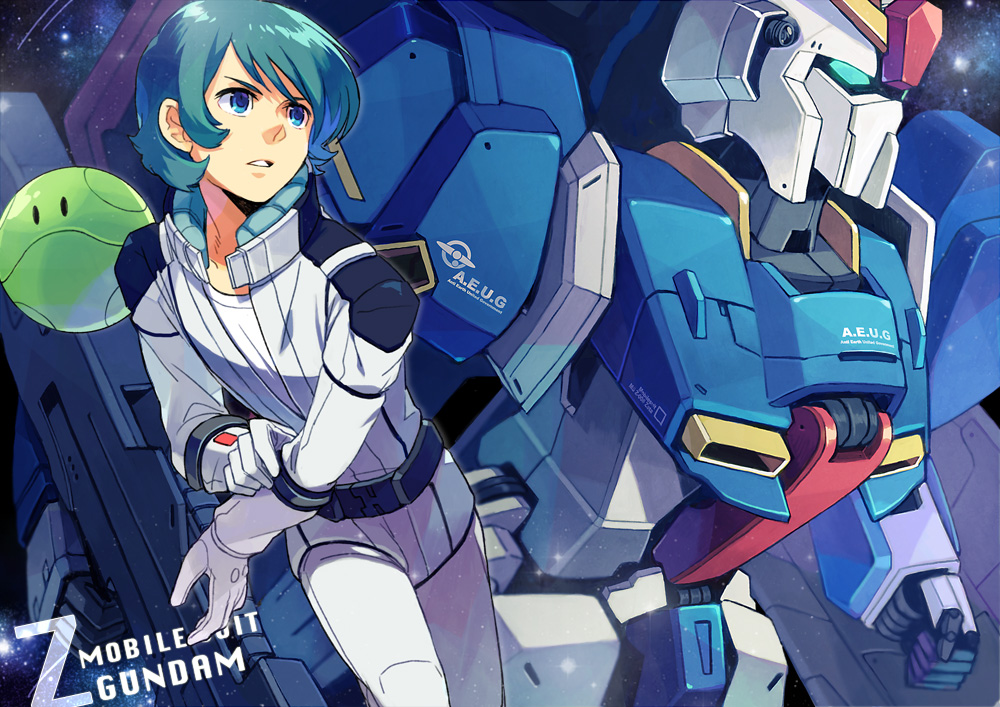 blue_eyes, blue_hair, ebira, gloves, gundam, haro, kamille_bidan, male