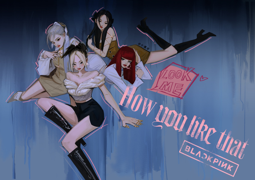 4girls, bare_shoulders, black_boots, black_hair, blackpink, blonde_hair, blunt_bangs, boots