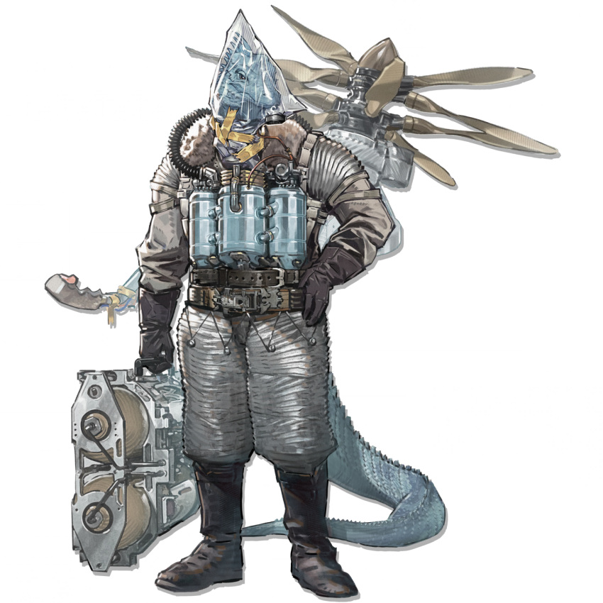 1boy, arknights, bag, belt, black_belt, black_boots, black_gloves, blue_scales, boots, brown_eyes, canister, closed_mouth, duct_tape, flight_suit, full_body, furry, g-suit, gloves, hand_on_own_hip, highres, holding, multiple_belts, official_alternate_costume, official_art, plastic_bag, propeller, reptile_boy, safety_belt, scales, simple_background, skybox_(arknights), solo, standing, tail, third-party_source, transparent_background, usu_(9619usu)