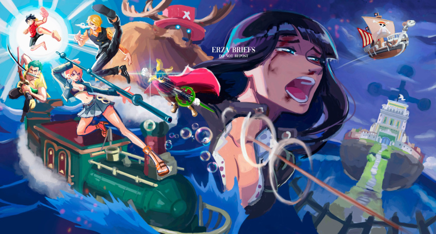 2girls, 5boys, absurdres, alternate_form, artist_name, black_pants, black_vest, blonde_hair, blood, blood_on_face, blue_eyes, boat, bubble, commentary, cropped_jacket, cross, english_commentary, erza_briefs, full_body, going_merry, green_hair, hair_over_one_eye, highres, holding, holding_staff, holding_sword, holding_weapon, jolly_roger, monkey_d._luffy, multiple_boys, multiple_girls, nami_(one_piece), nico_robin, one_piece, open_mouth, orange_hair, orange_shirt, pants, roronoa_zoro, sanji_(one_piece), shirt, short_hair, skirt, sogeking, staff, straw_hat_pirates, straw_hats_jolly_roger, sword, tony_tony_chopper, train, usopp, vest, watercraft, weapon, weapon_in_mouth