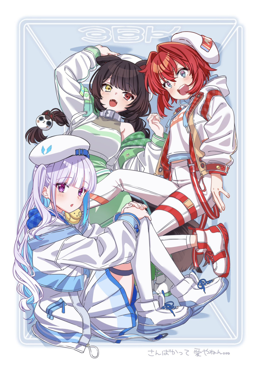 3girls, :o, ange_katrina, animal_ears, animal_hair_ornament, animal_on_shoulder, arm_up, beret
