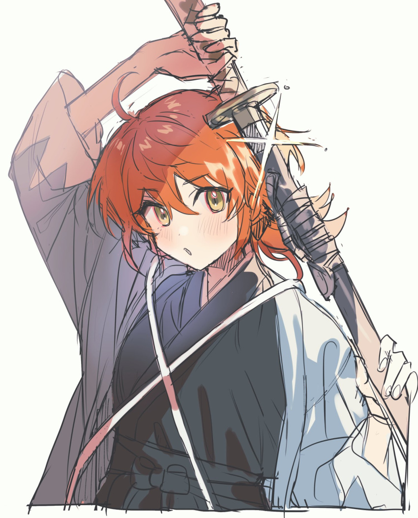 1girl, ahoge, black_hakama, black_kimono, blue_haori, fate/grand_order, fate_(series), fujimaru_ritsuka_(female)