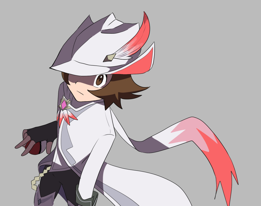 1boy, brown_eyes, brown_hair, enohito, fingerless_gloves, gloves, grey_background, hat