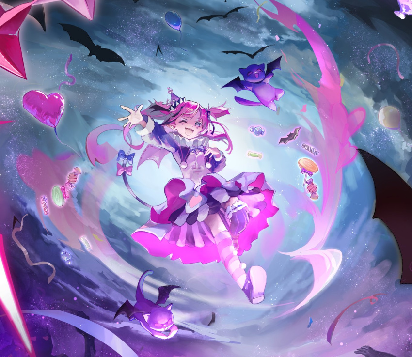 1girl, ;3, arm_up, asymmetrical_legwear, balloon, bat_(animal), bat_wings, black_hair, black_ribbon, camila_(cami_3.0)_(vtuber), camila_(vtuber), candy, cimp_(camila_(vtuber)), clouds, collar, confetti, eyelashes, facial_mark, food, frilled_collar, frilled_skirt, frills, full_body, hair_ribbon, hat, hat_ribbon, heart_balloon, in0ria, indie_virtual_youtuber, lollipop, long_sleeves, mismatched_legwear, multicolored_hair, one_eye_closed, open_mouth, party_hat, pink_hair, pom_pom_(clothes), purple_hat, purple_shoes, ribbon, sharp_teeth, shirt, shoes, skirt, smile, streaked_hair, swirl_lollipop, teeth, triangle, triangle_facial_mark, two_side_up, upper_teeth_only, violet_eyes, virtual_youtuber, white_hair, white_ribbon, white_shirt, wings, wrapped_candy