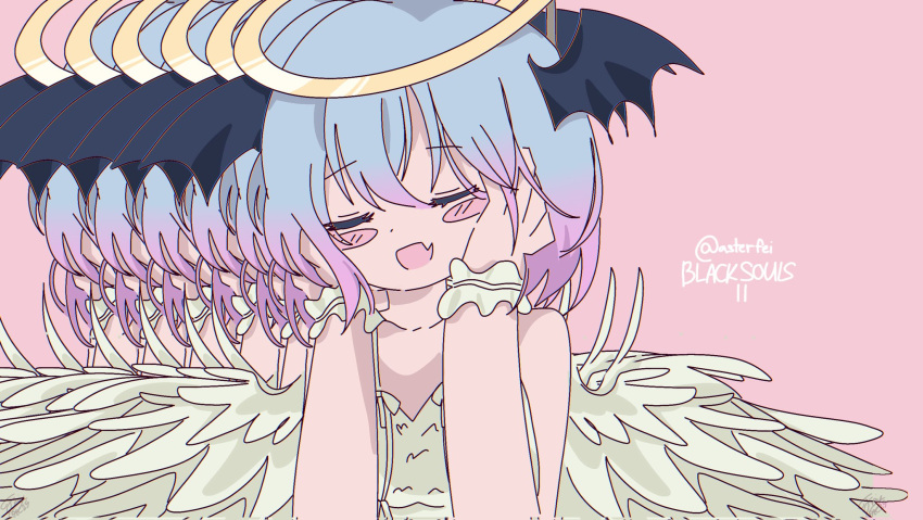 black_souls_2, black_wings, blue_hair, blush, closed_eyes, fake_halo, fang, faydee