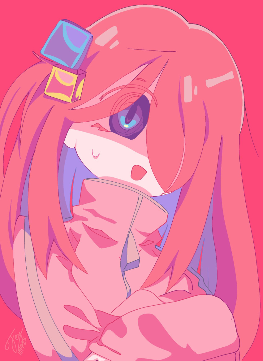 blue_eyes, blue_hair, bocchi_the_rock!, crossed_arms, face_shadow, faydee, furrowed_brow, gotoh_hitori, gotou_hitori, hair_covering_one_eye, hair_ornament, long_hair, long_sleeves, multicolored_hair, open_mouth, pink_background, pink_hair, pink_track_suit, side_ponytail, signature, sweat, sweatdrop, track_suit, zipper