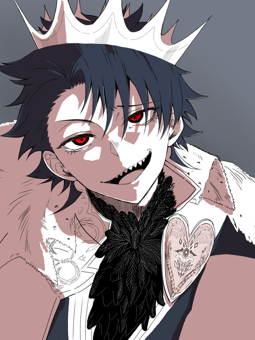 1boy, absurdres, black_hair, crown, grey_background, heart, highres, jewelry