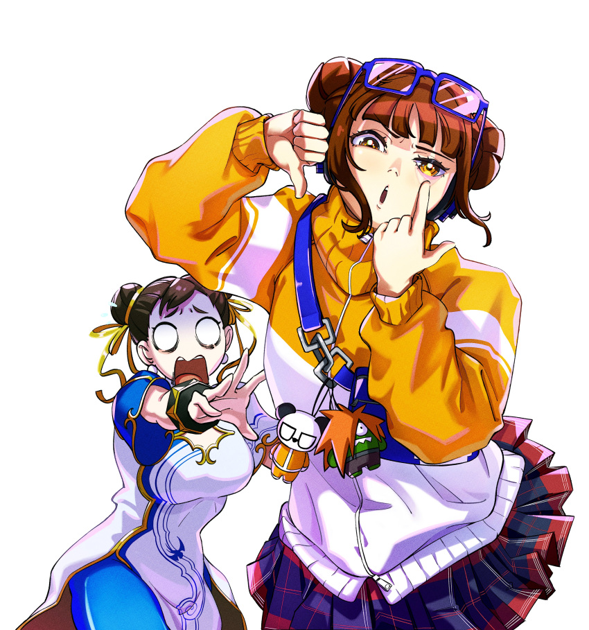 2girls, absurdres, bag_charm, blank_eyes, blanka-chan, blue-framed_eyewear, bracelet, breasts