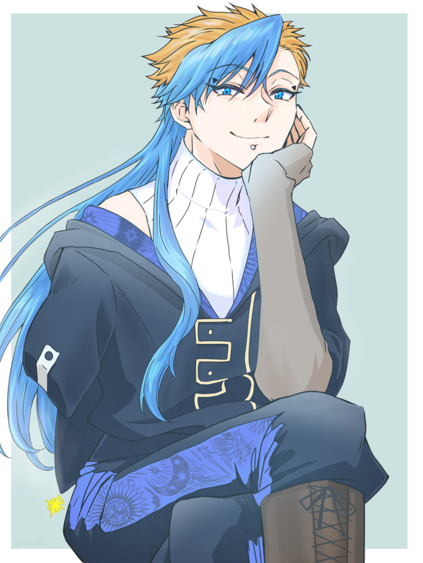 1boy, amputee, black_pants, blonde_hair, blue_eyes, blue_hair, boots, closed_mouth, face_piercing, freckles, gokuraku_(madan_no_ichi), highres, holding, jewelry, kaichi_(pixiv98011061), lip_piercing, long_hair, looking_at_viewer, madan_no_ichi, male_focus, multicolored_hair, pants, piercing, simple_background, sitting, solo, turtleneck