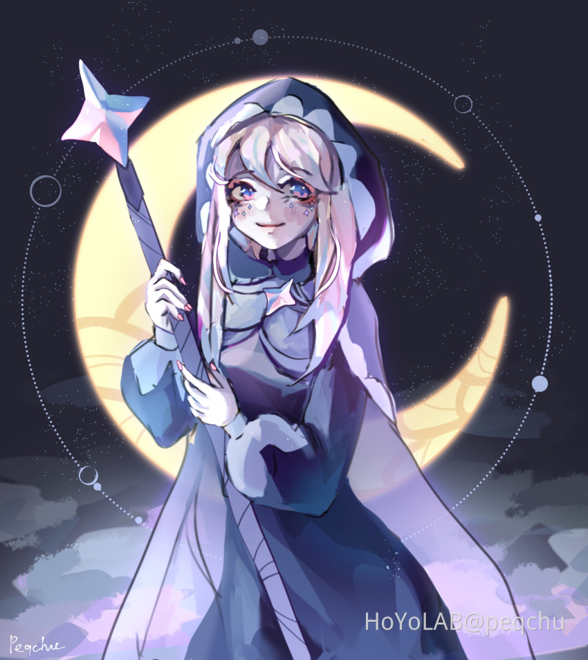 1girl, artist_name, blessing_of_the_welkin_moon, blue_dress, blush, cloak, closed_mouth, crescent