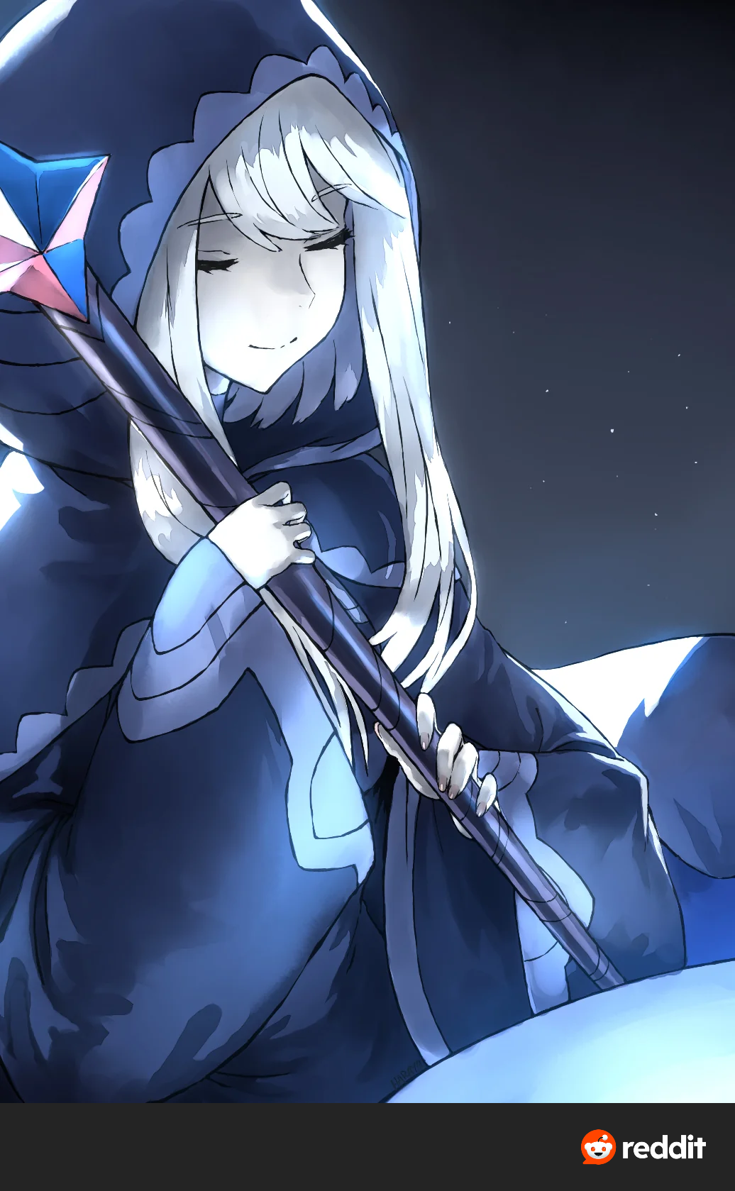 1girl, blessing_of_the_welkin_moon, blue_cloak, blue_robe, bowl, cloak, closed_eyes, closed_mouth, genshin_impact, glowing, gradient_hair, hair_between_eyes, haraya_manawari, head_tilt, highres, holding, holding_staff, hood, hood_up, hooded_cloak, light_smile, long_sleeves, multicolored_hair, night, night_sky, pale_skin, primogem, reddit_logo, robe, shade, short_hair, sky, solo, space, staff, standing, star_(sky), starry_sky, swept_bangs, white_hair, wide_sleeves