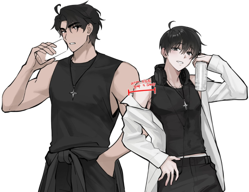 2boys, black_eyes, black_hair, clothes_around_waist, coat, coat_partially_removed, commentary, cowboy_shot