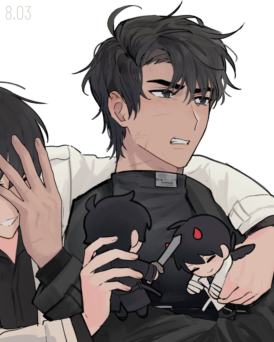 2boys, black_coat, black_eyes, black_hair, character_doll, clenched_teeth, coat, covering_face