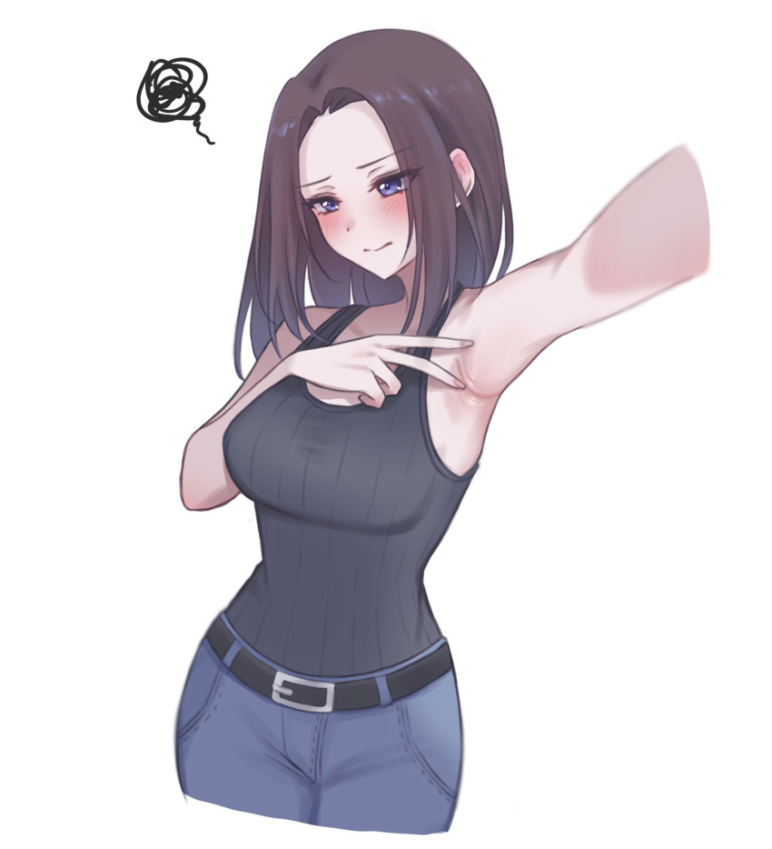 1girl, alternate_costume, armpits, bang_dream!, belt, black_belt, black_hair, blue_eyes, blush, breasts, embarrassed, feet_out_of_frame, highres, large_breasts, long_hair, long_sleeves, pants, ppora, presenting_armpit, shirt, sleeveless, sleeveless_shirt, solo, standing, wakana_rei