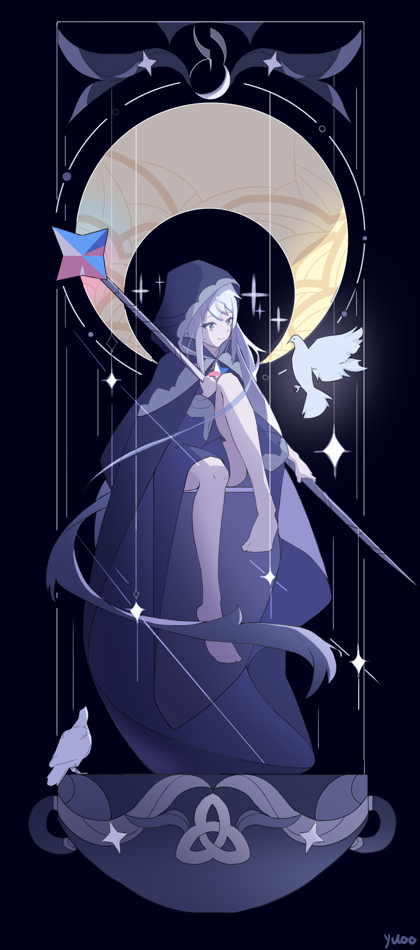 1girl, absurdres, art_nouveau, artist_name, bare_legs, barefoot, bird, black_background, blessing_of_the_welkin_moon, blue_dress, blue_eyes, bowl, card_(medium), cloak, closed_mouth, commentary_request, crescent, dove, dress, feet, from_side, full_body, genshin_impact, gradient_hair, hair_between_eyes, highres, holding, holding_staff, hood, hood_up, hooded_cloak, knee_up, light_blush, long_sleeves, looking_at_animal, looking_down, looking_to_the_side, moon, multicolored_hair, primogem, shade, short_hair, sitting, solo, staff, star_(sky), tarot, tarot_(medium), white_bird, white_hair, wide_sleeves, yuoo25