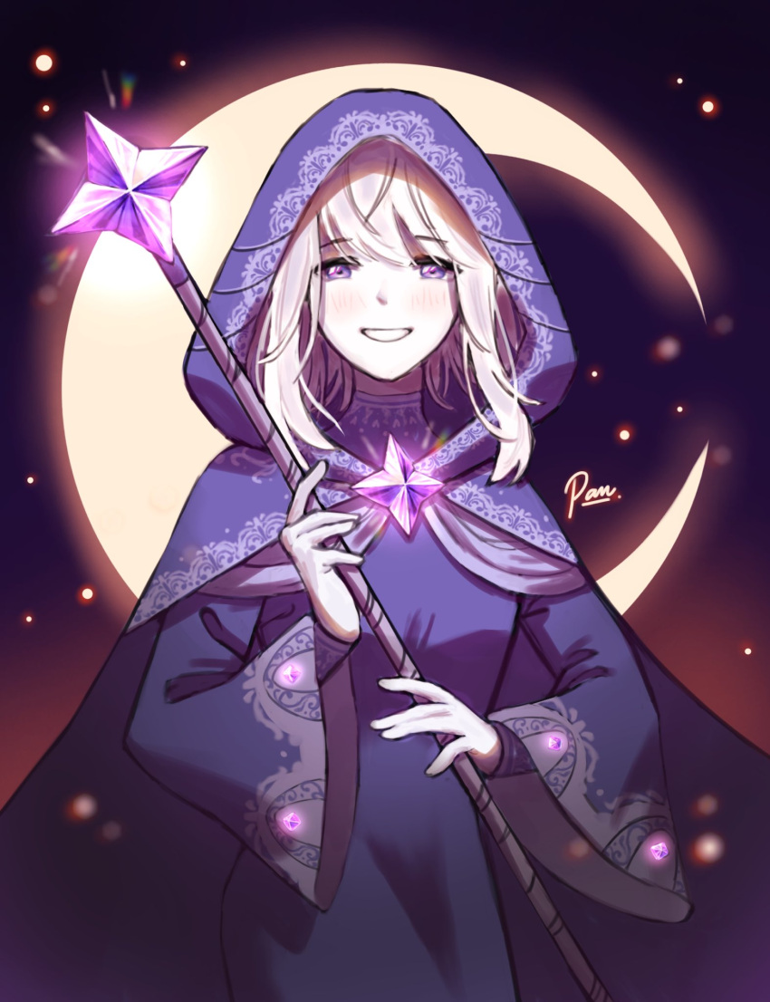 1girl, artist_name, blessing_of_the_welkin_moon, blue_cloak, blue_dress, blurry, blurry_background, blush