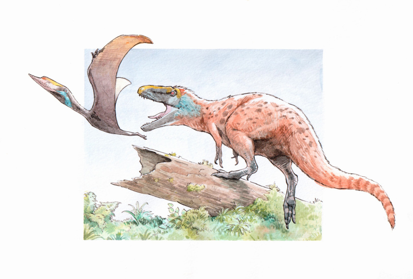 animal_focus, asiatyrannus, dinosaur, fern, hatzegopteryx, highres, log, no_humans