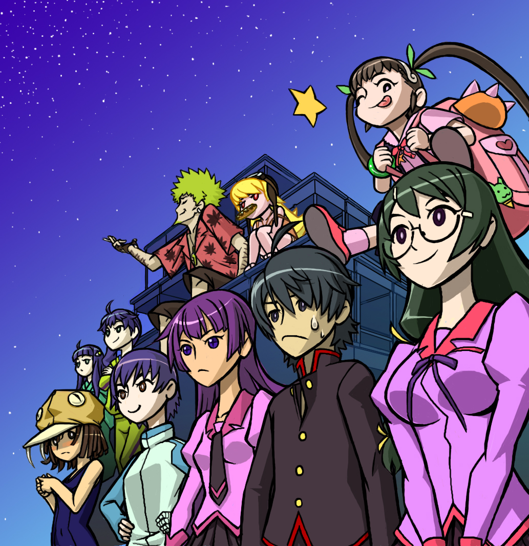 :p, ahoge, araragi_karen, araragi_koyomi, araragi_tsukihi, bakemonogatari, black_hair, blonde_hair