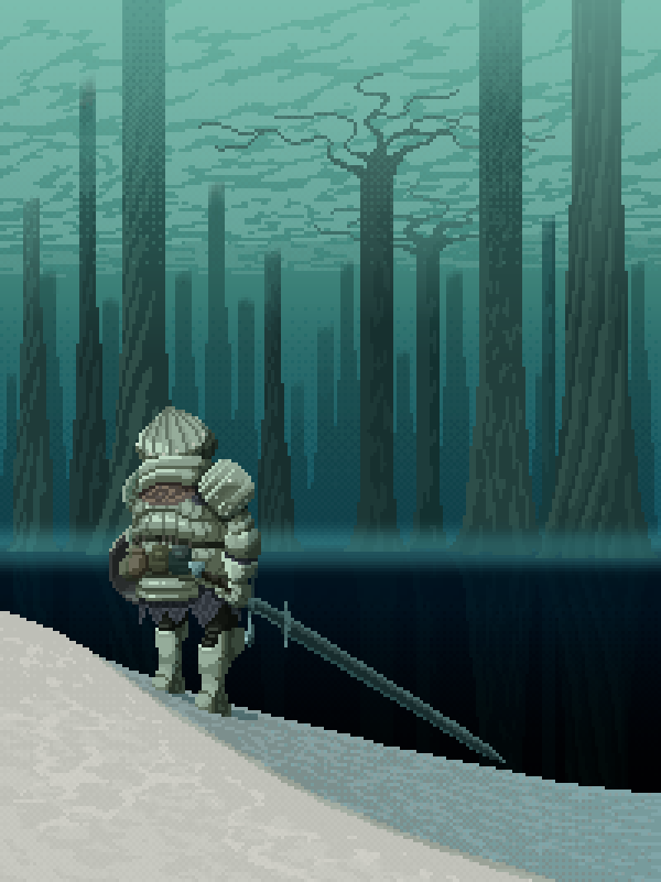 1boy, armor, ash_lake_(dark_souls), commentary_request, dark_souls_(series), dark_souls_i, from_behind, full_armor, full_body, helm, helmet, holding, holding_shield, holding_sword, holding_weapon, in-universe_location, kingyohashioki, lake, looking_ahead, male_focus, pixel_art, shield, siegmeyer_of_catarina, solo, standing, sword, tree, weapon