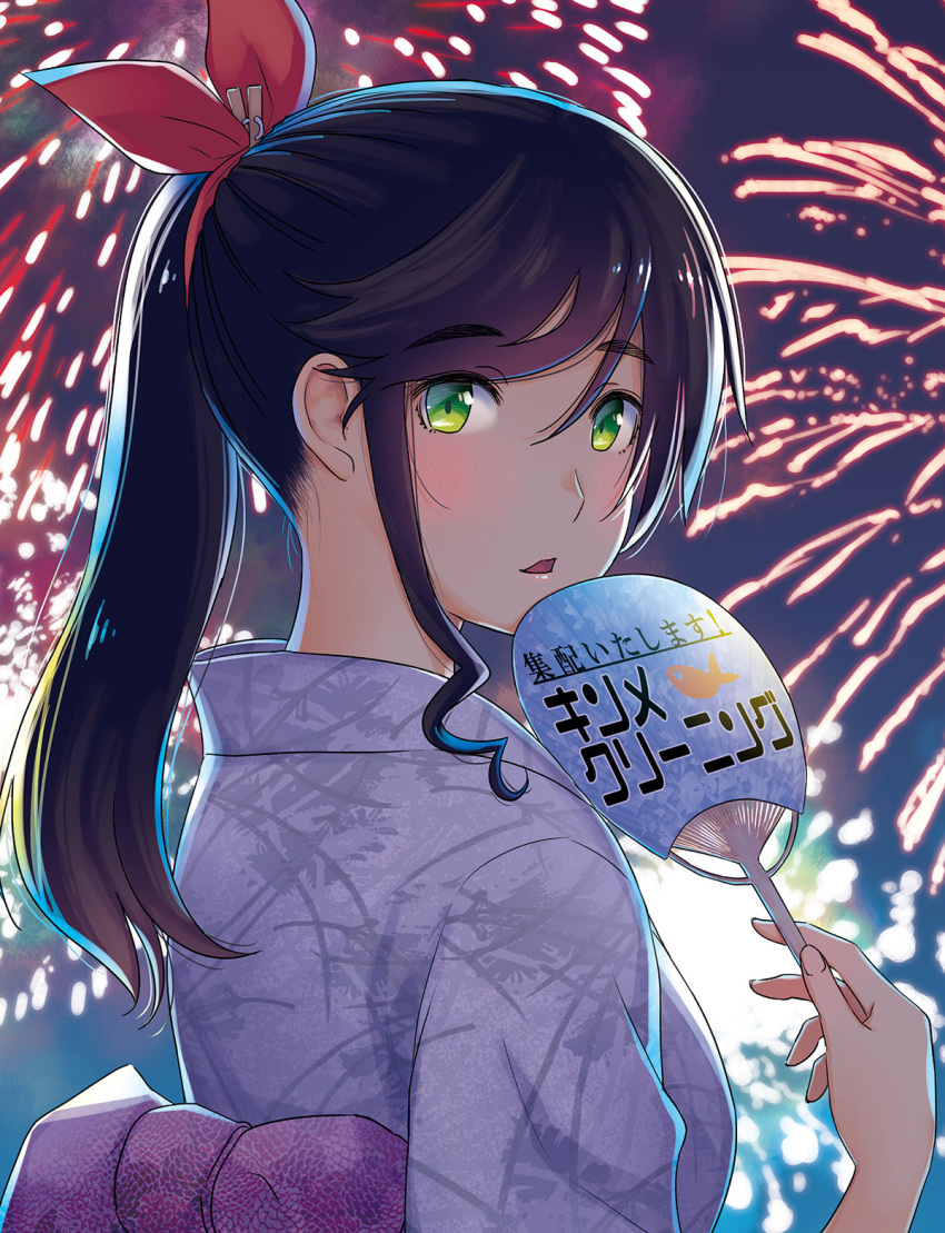 1girl, aerial_fireworks, black_hair, commentary, fireworks, green_eyes, hand_fan, hattori_mitsuru