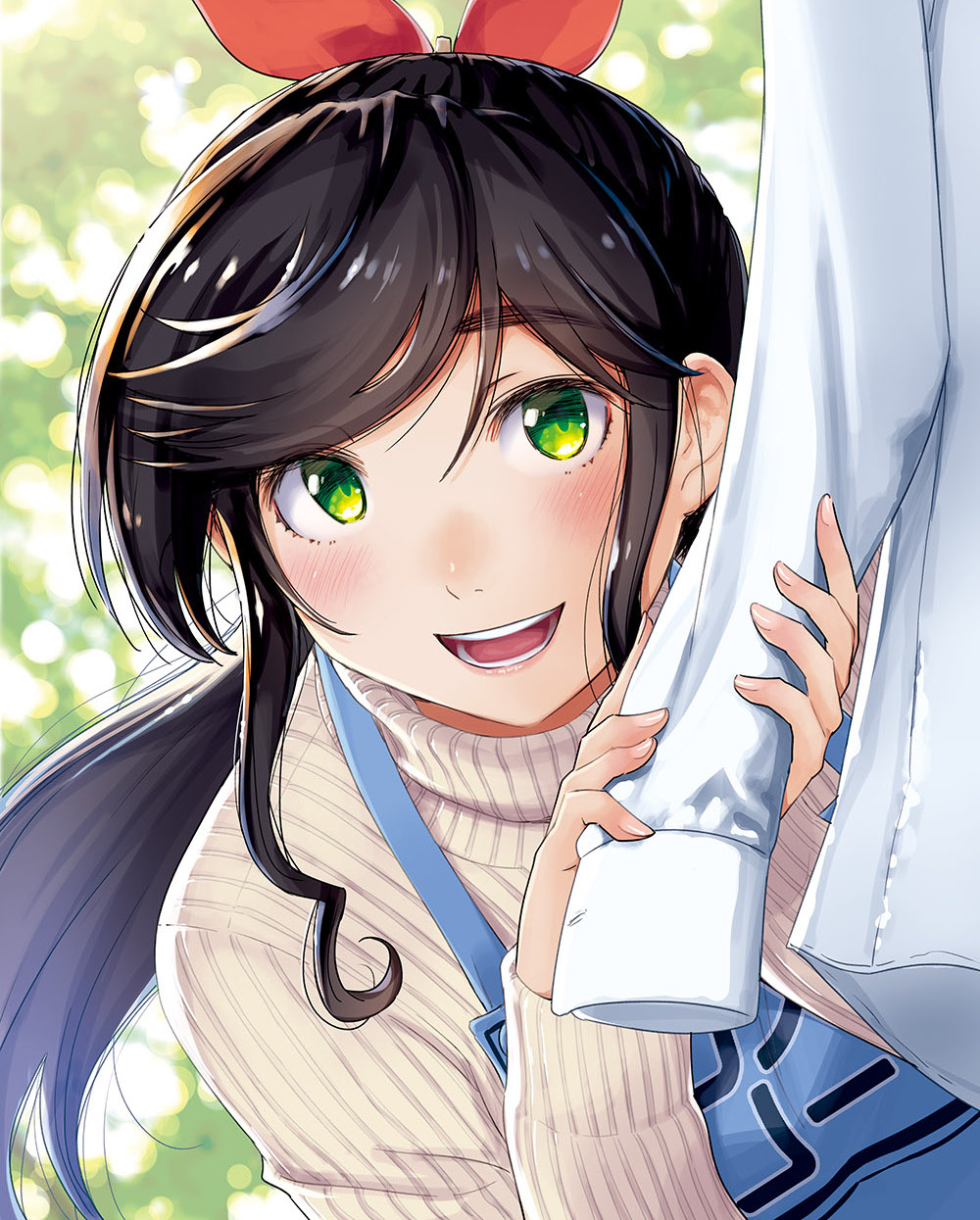 1girl, apron, black_hair, blue_apron, brown_sweater, commentary_request, green_eyes, hattori_mitsuru