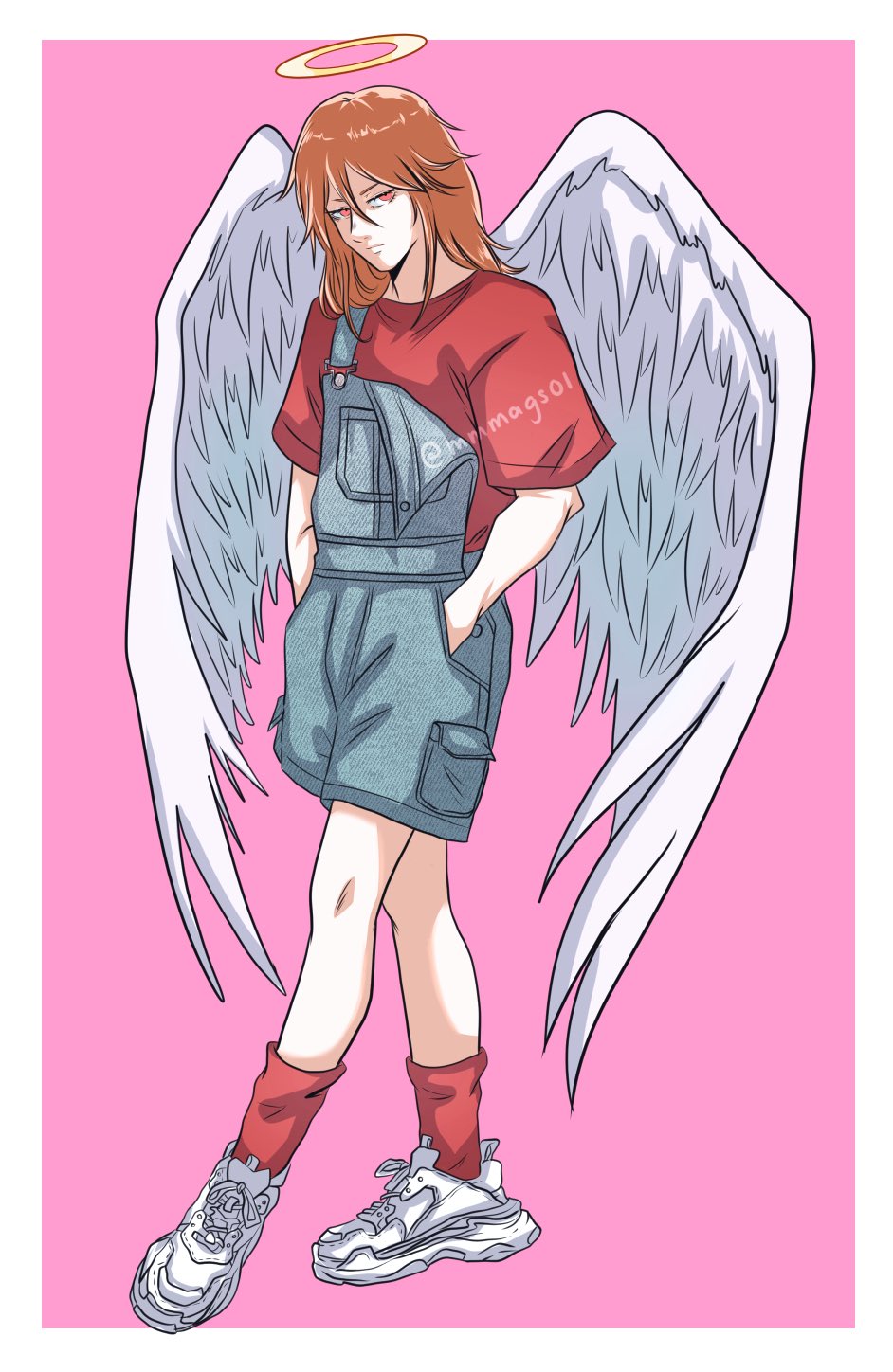 1boy, alternate_costume, angel, angel_devil_(chainsaw_man), angel_wings, ankle_socks, border, chainsaw_man, closed_mouth, commentary, english_commentary, footwear_request, full_body, halo, hands_in_pockets, highres, long_hair, looking_at_viewer, male_focus, mmmags, overall_shorts, overalls, pink_background, red_shirt, red_socks, shirt, shoes, simple_background, socks, solo, standing, traditional_halo, twitter_username, white_border, white_shoes, white_wings, wings