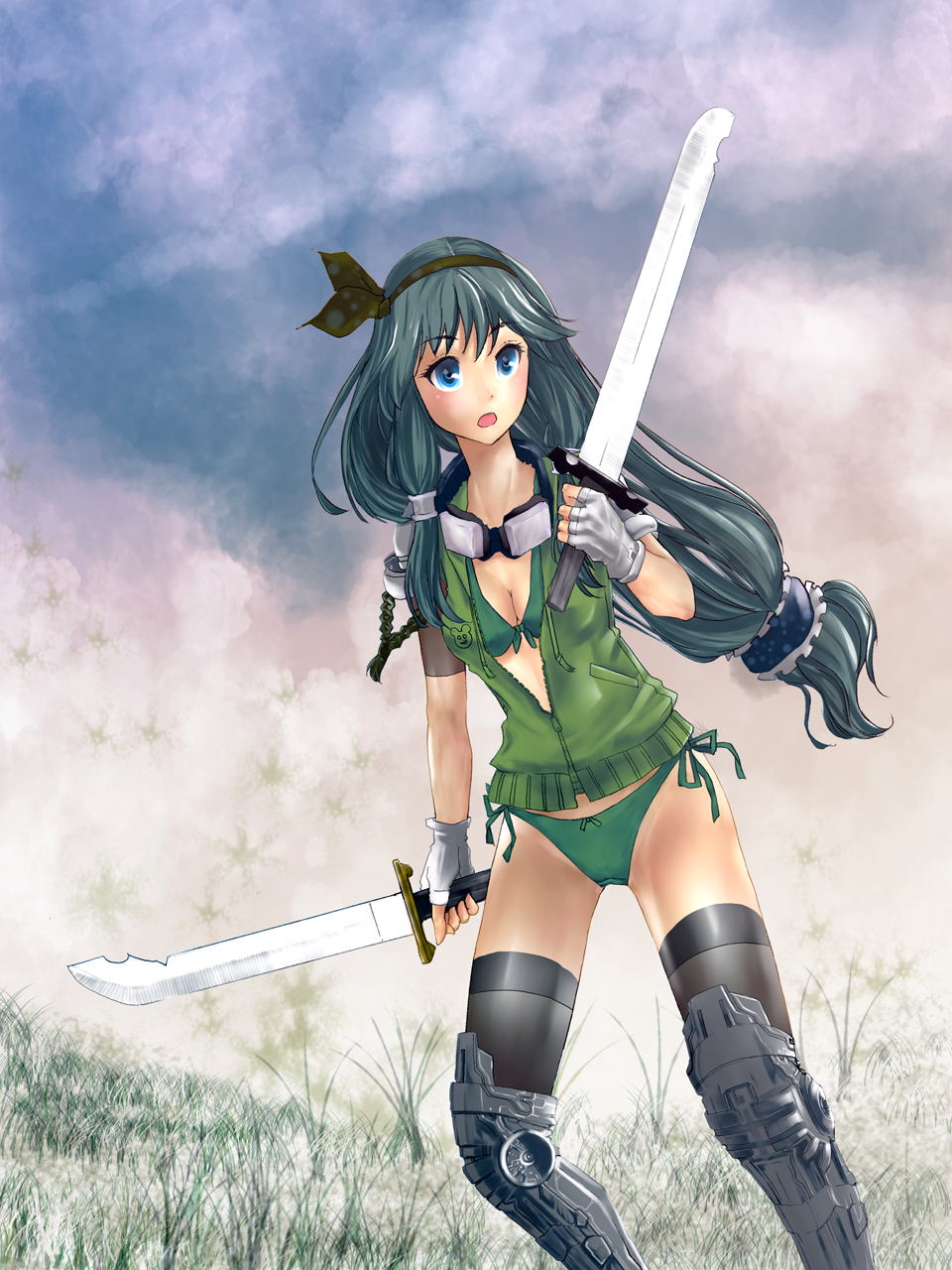 bow, dual_wielding, fantasy, hair_bow, highres, kurishiro, long_hair, original, panties, solo, sword, thigh-highs, thighhighs, underwear, weapon