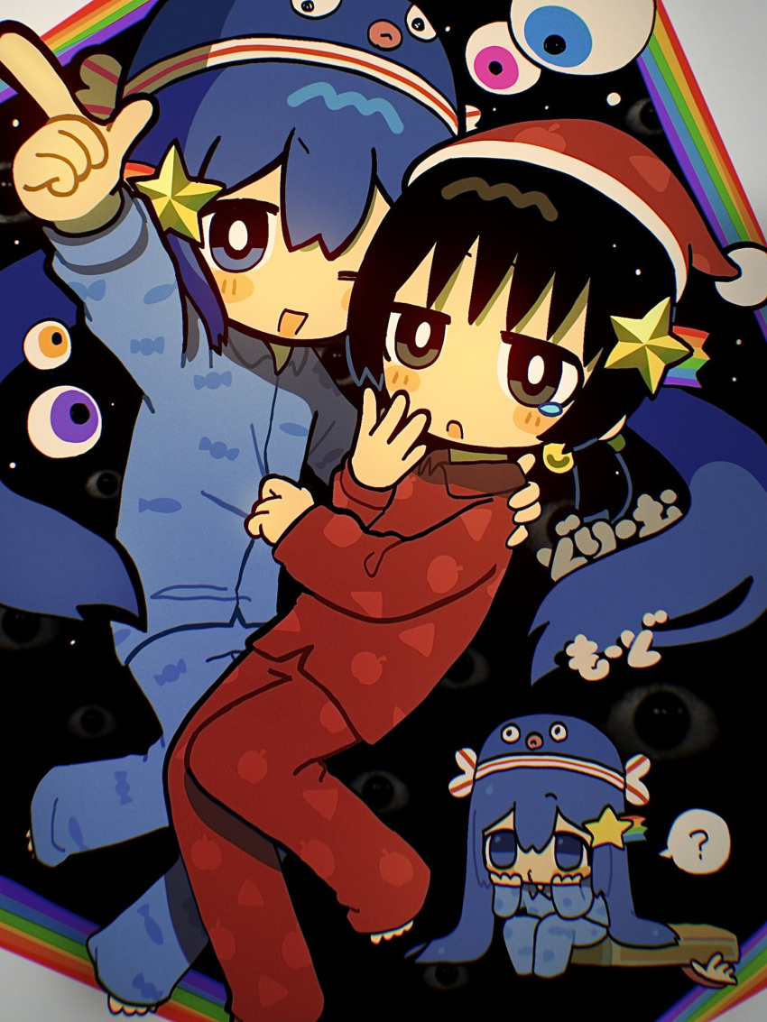 2girls, ?, blue_eyes, blue_hair, blue_hat, blue_pajamas, collared_pajamas, dreammode_(vocaloid), eyeball, grabbing_another's_shirt, hair_ornament, hands_on_own_chest, hat, highres, kaai_yuki, long_hair, low_twintails, multiple_girls, o3o, oh_no_omuo, one_eye_closed, open_mouth, otomachi_una, pajamas, rainbow, red_hat, red_pajamas, short_twintails, single_tear, sitting, speech_bubble, star_(sky), star_(symbol), star_hair_ornament, twintails, vocaloid