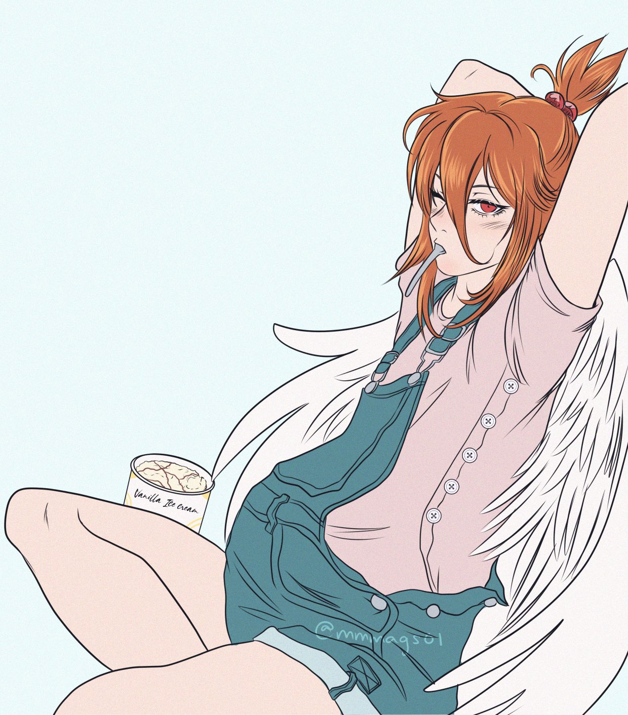 1boy, alternate_costume, alternate_hairstyle, angel, angel_devil_(chainsaw_man), angel_wings, arms_behind_head, arms_up