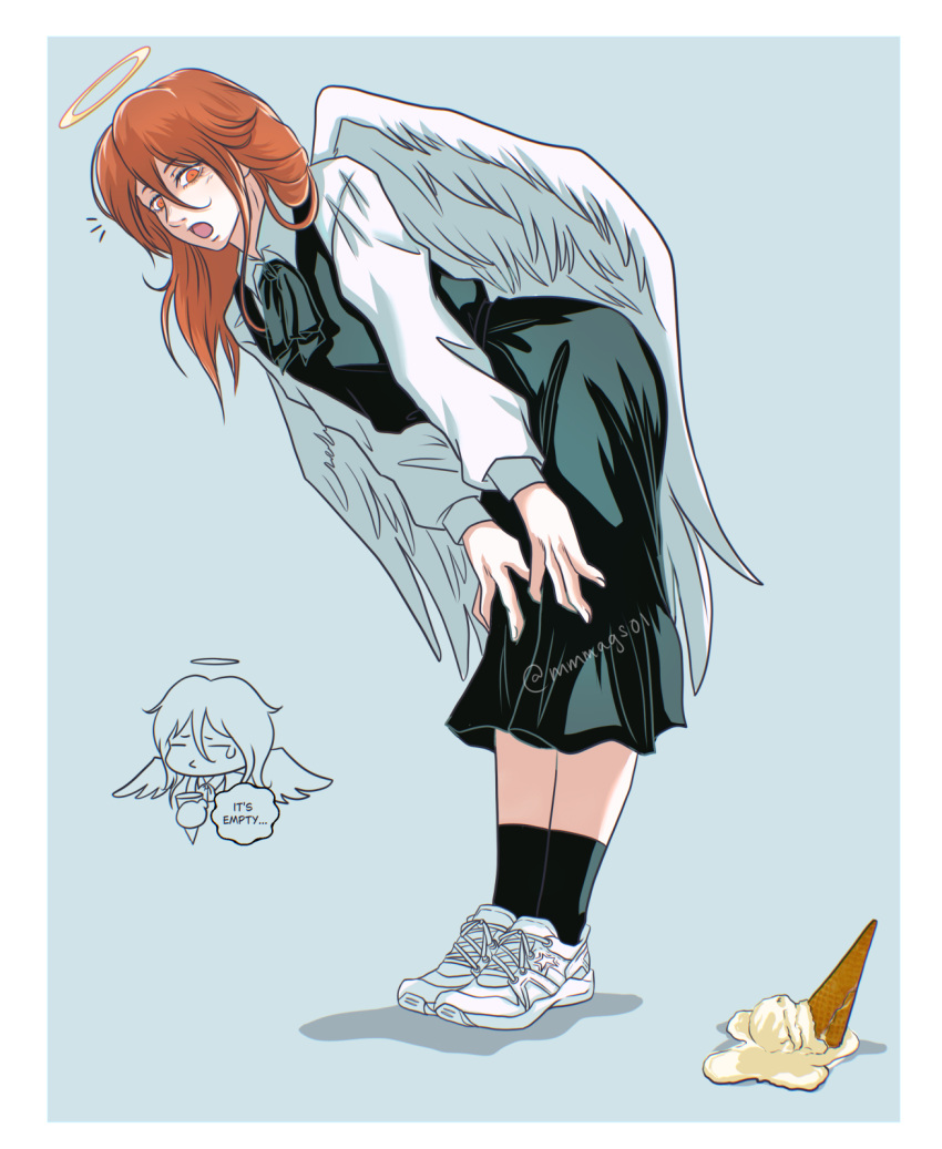 1boy, androgynous, angel, angel_devil_(chainsaw_man), angel_wings, bent_over, border, chainsaw_man, collared_shirt, commentary, crossdressing, crossdressing_(mtf), dress, english_commentary, food, food_on_floor, fourth_east_high_school_uniform, hair_between_eyes, halo, highres, ice_cream, ice_cream_cone, ice_cream_cone_spill, long_hair, male_focus, mmmags, neck_ribbon, pinafore_dress, ribbon, school_uniform, shirt, sleeveless, sleeveless_dress, solo, twitter_username, white_border, white_shirt, white_wings, wings