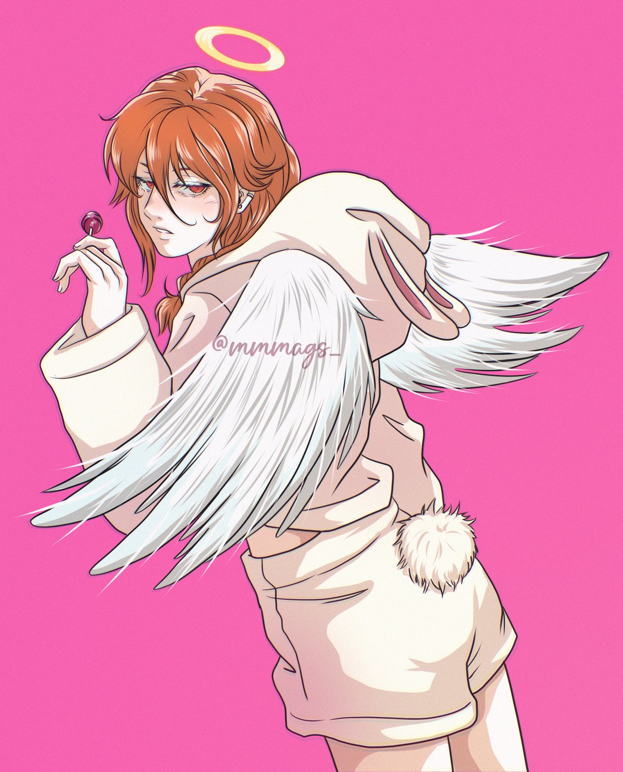 1boy, alternate_costume, angel_devil_(chainsaw_man), angel_wings, blush, braid, candy, chainsaw_man