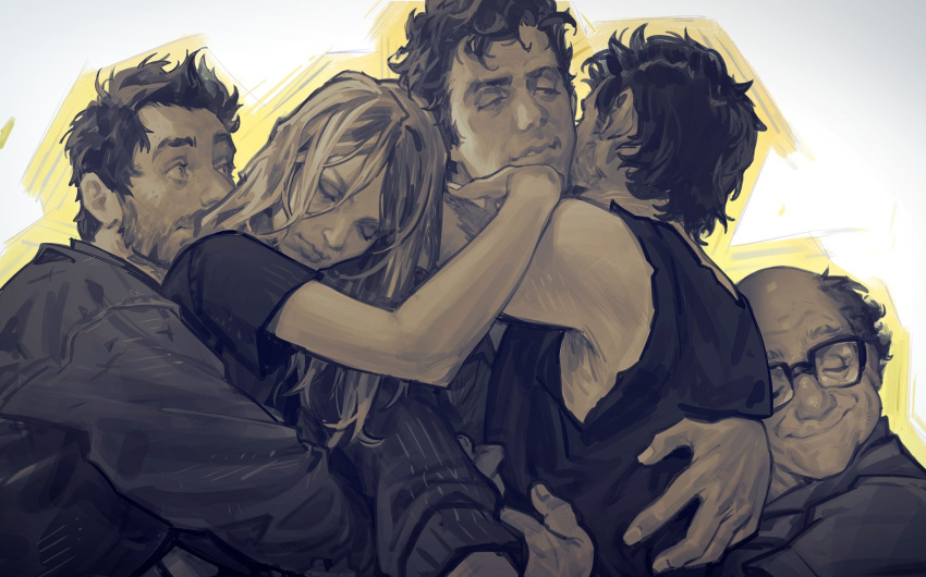 1girl, 3boys, arm_around_neck, balding, charlie_kelly, closed_eyes, closed_mouth, commentary