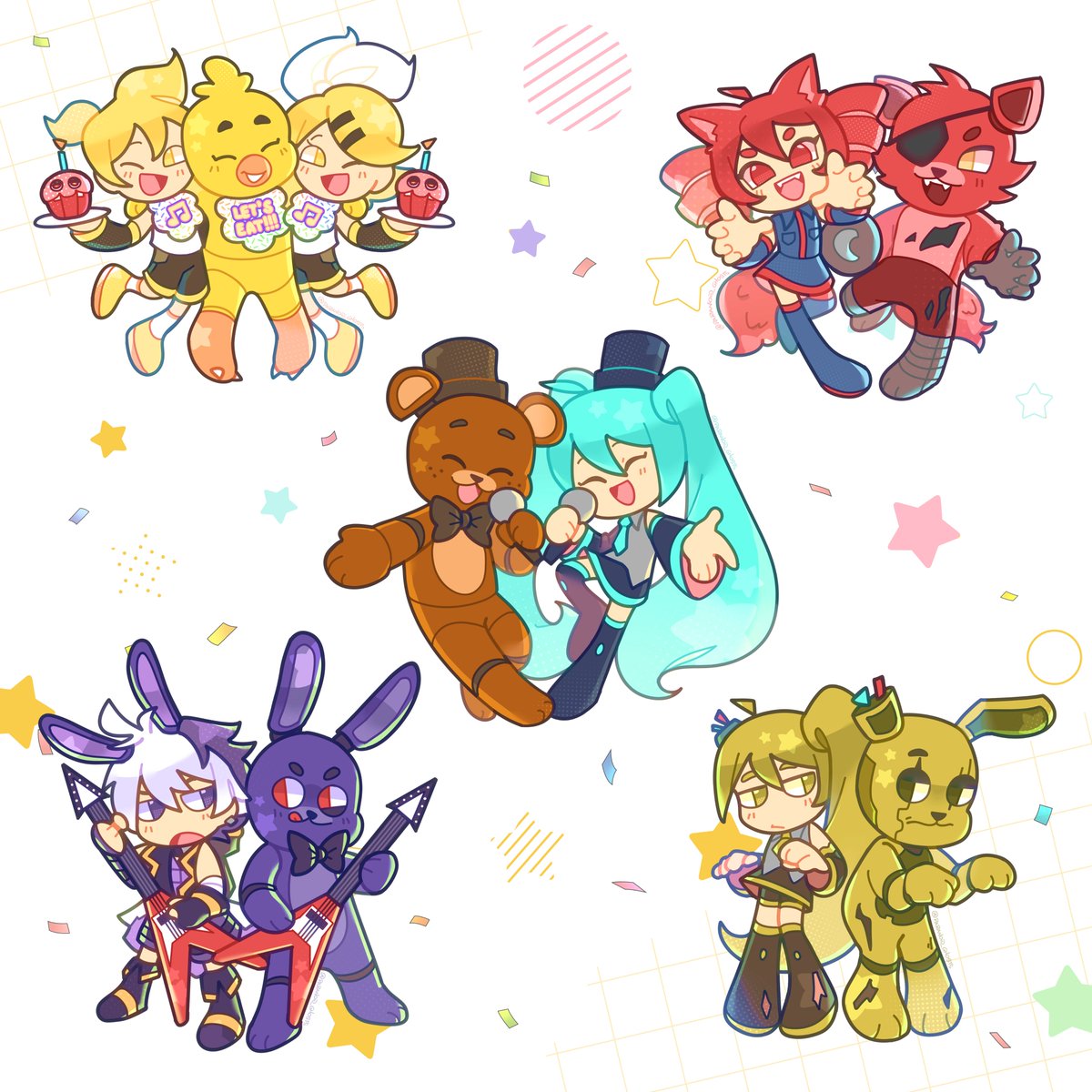 1boy, 5girls, akita_neru, animal_ears, bib, black_boots, black_bow, black_bowtie